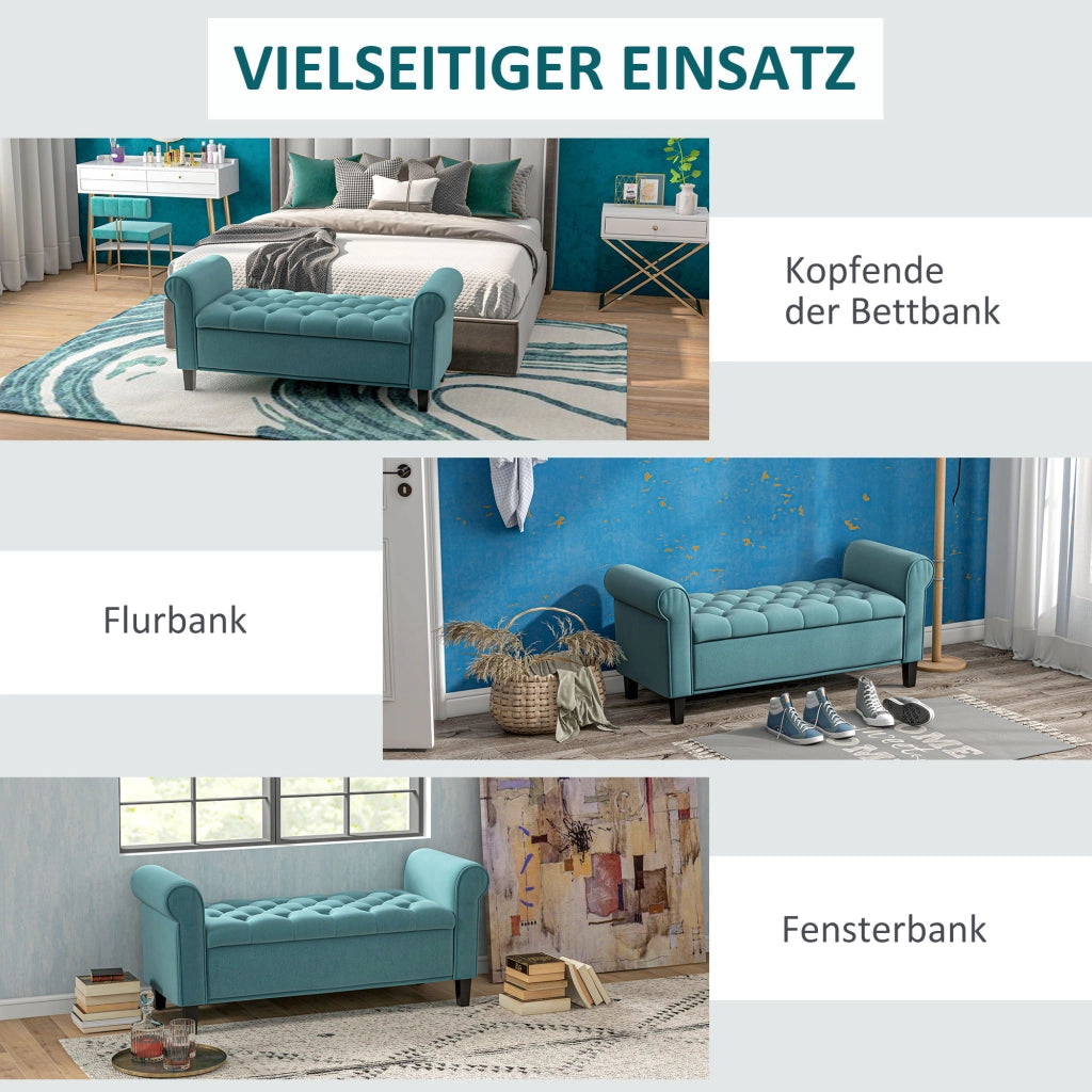 Panca contenitore in effetto velluto con seduta imbottita e braccioli, in poliestere verde 126 × 48,5 × 57 cm