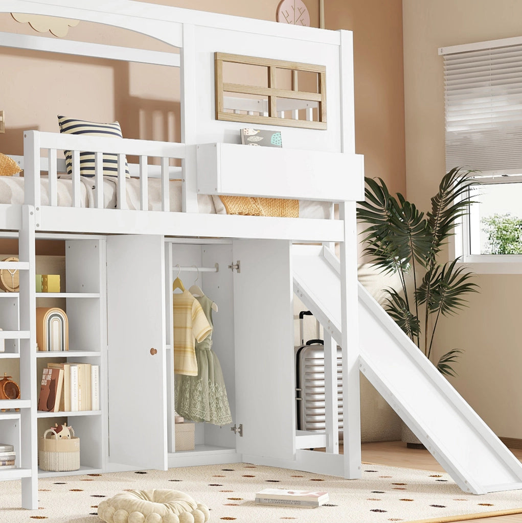Letto a castello per bambini con scivolo, armadio e scaffali 90x200 cm