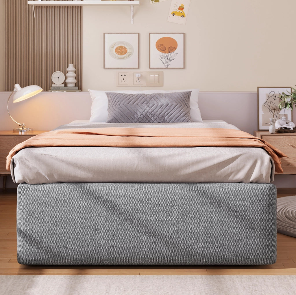 Letto imbottito 203x92x31 cm con contenitore idraulico e cassetto; rivestimento in cotone e lino grigio