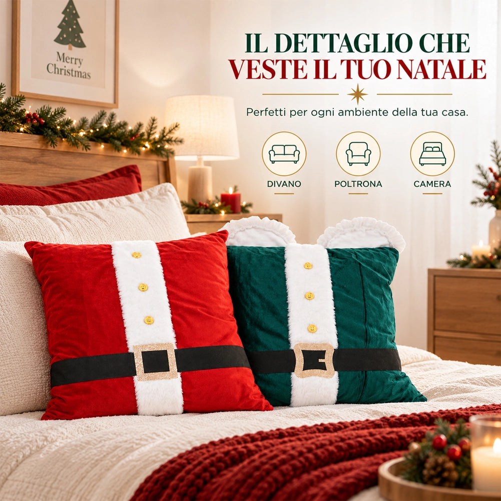 Set 2 Cuscini Babbo Natale Lui e Lei Decorazione 42x42cm Natalizio Verde e Rosso