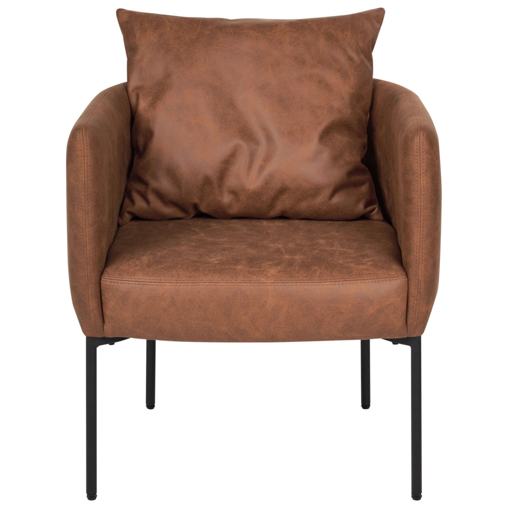 Poltrona in ecopelle marrone con cuscino gambe in ferro nero stile retrò elegante