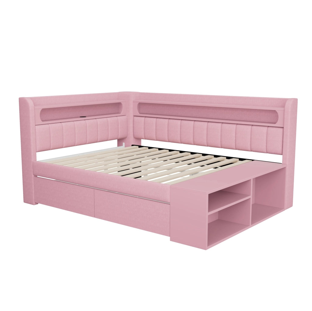 Letto imbottito 90x200 cm con USB; luce LED a 7 colori; 2 cassetti e scarpiera; rosa