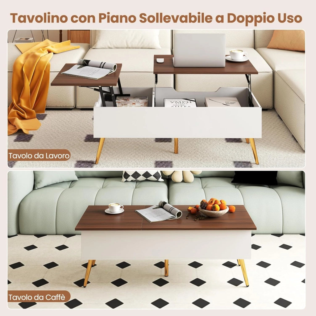 Tavolino da Caffè con Piano Sollevabile, Tavolino Moderno con 2 Scomparti Nascosti e Gambe in Metallo, Tavolo per Soggiorno, Studio e Ufficio, 111 x 48 x 40-53,5 cm (Noce)