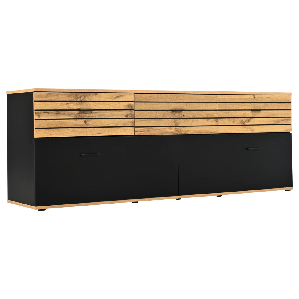 Mobile TV con 3 cassetti e 2 ante a ribalta, 168 cm, per TV fino a 65", colore naturale e nero, con motivo ondulato