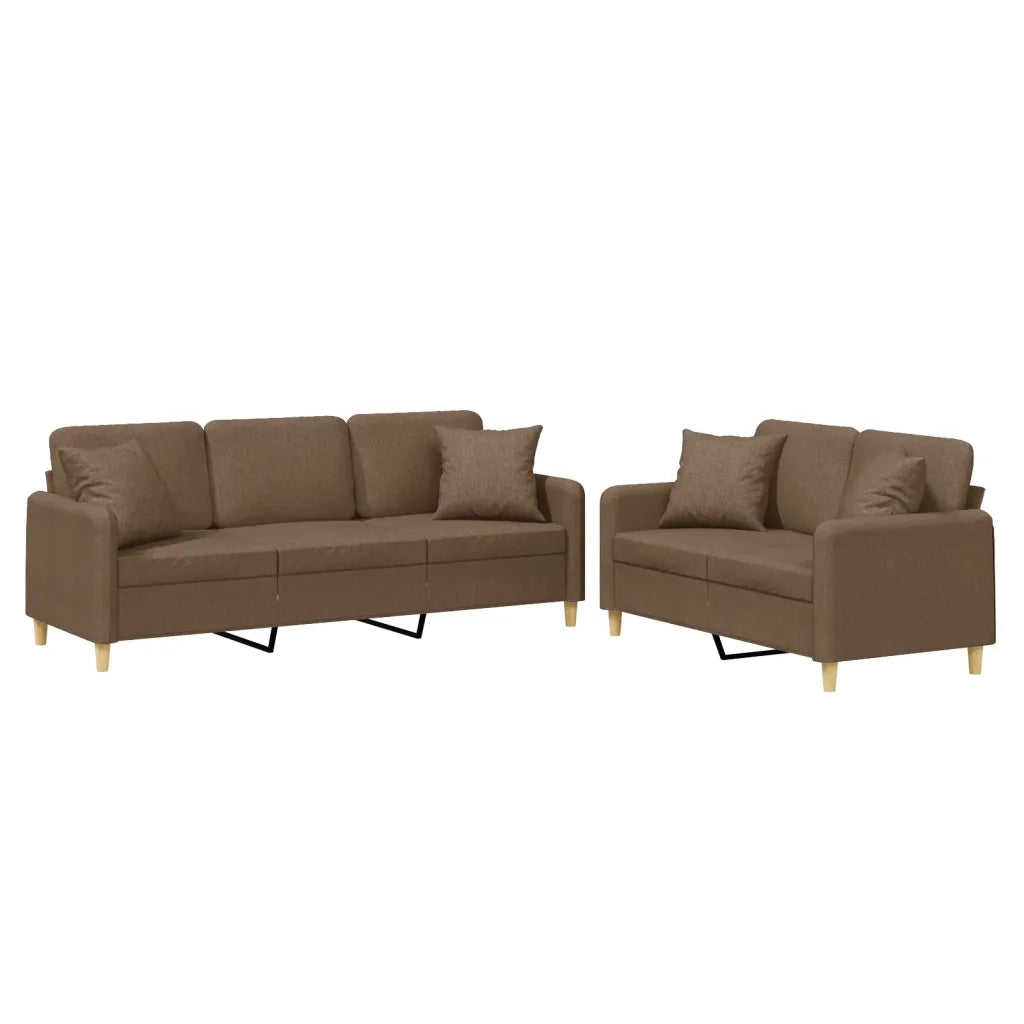 Set di Divani 2 pz con Cuscini Marrone in Tessuto