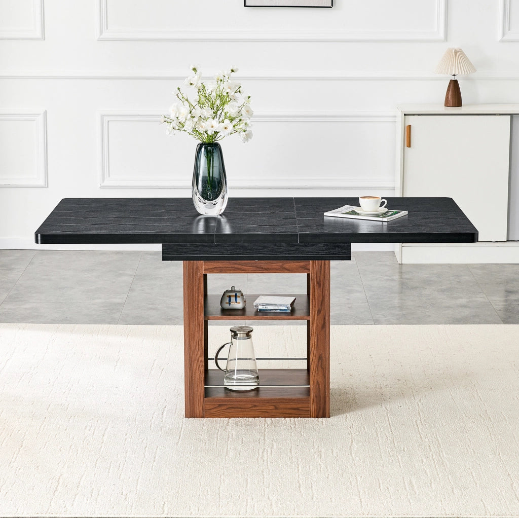 Tavolo da pranzo allungabile 130-160 cm con ripiano; MDF; nero e noce