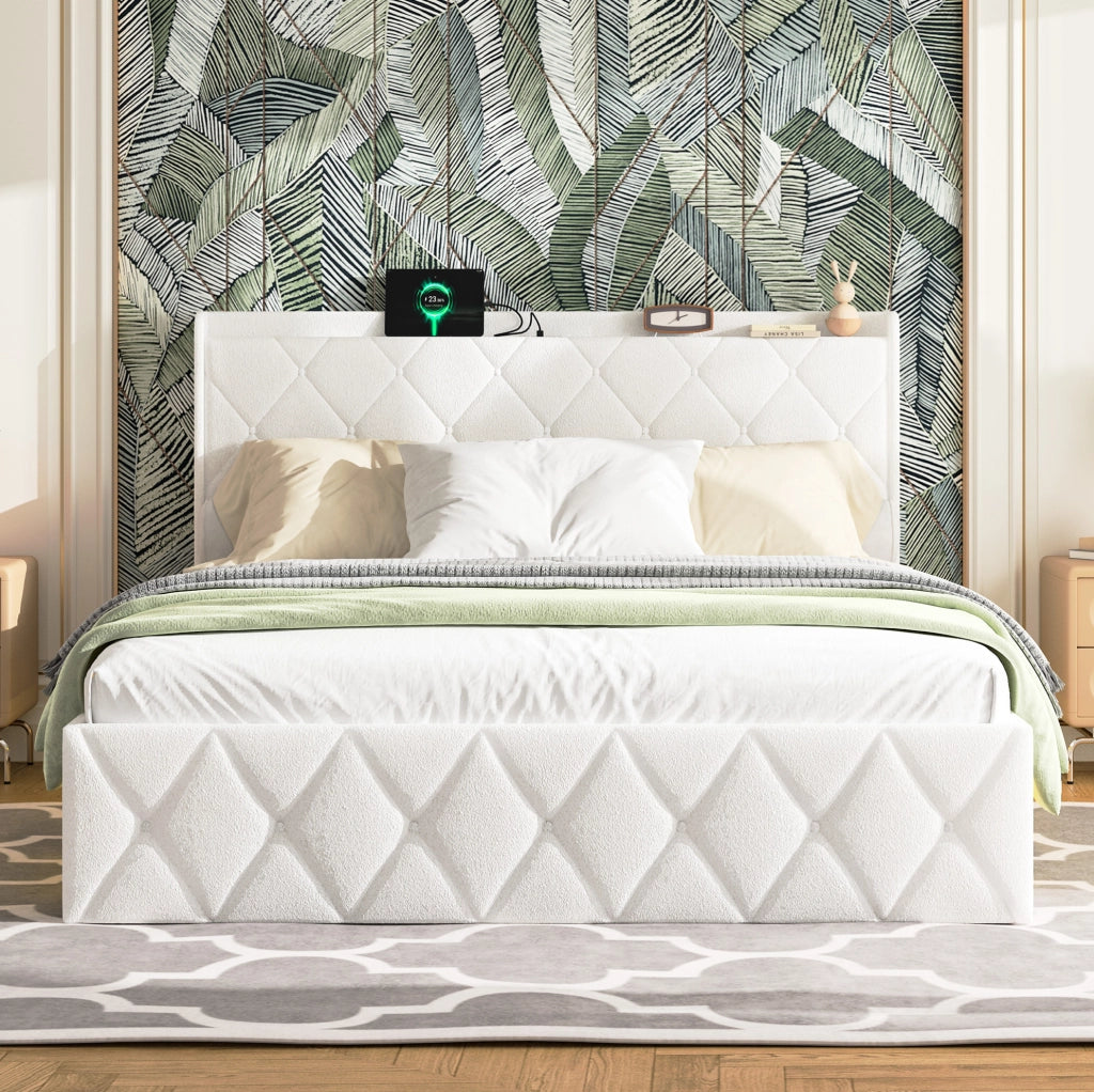 Letto imbottito 140x200 cm con LED; prese USB e ripiano in teddy bianco