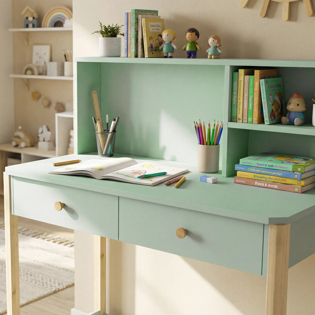 Scrivania per Bambini 5-12 Anni 90x52x105 cm con 3 Ripiani e 2 Cassetti in Legno Verde