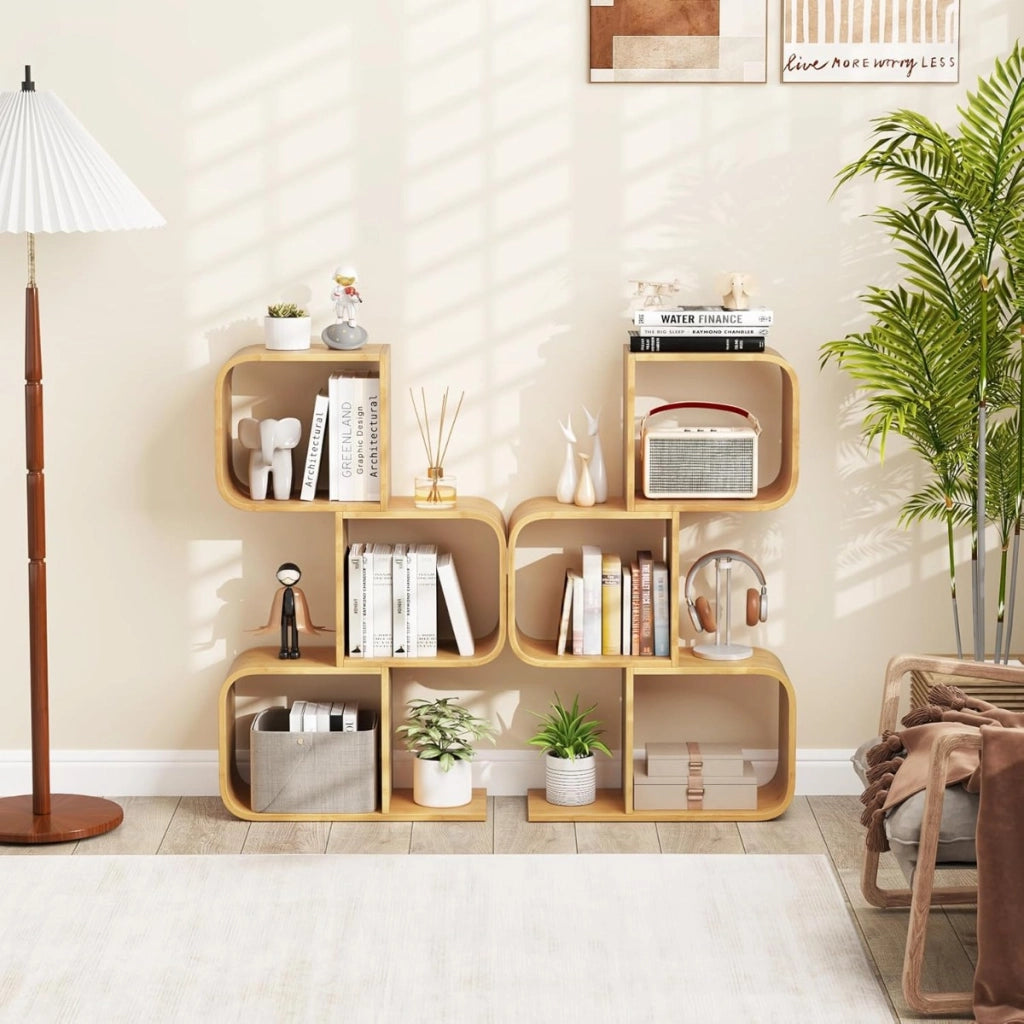 Libreria a 3 livelli a forma di S mensola in bamb¨´ con 3 cubi aperti-Scaffale geometrico angolare per esposizione Naturale