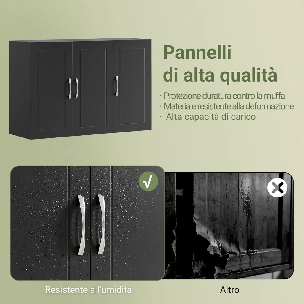 Pensile Bagno - Mobile Bagno Sospeso con Ripiani Regolabili - Mobiletto Salvaspazio per Cucina e Lavanderia - Armadietto Bagno a Parete Moderno, 90x30x60 cm, FRG231-L-SCH
