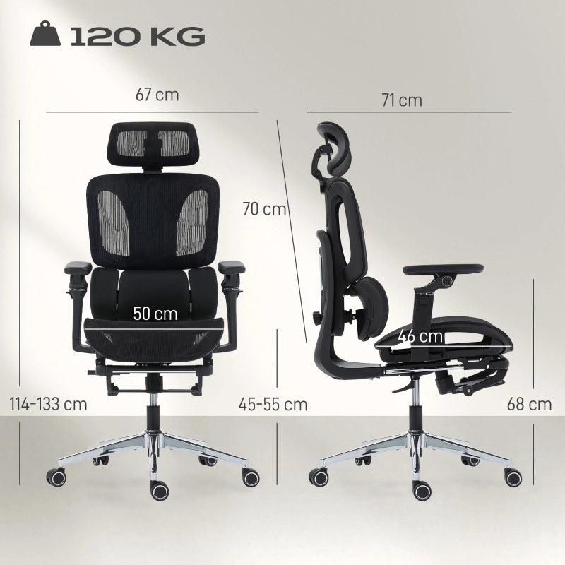 Sedia da ufficio ergonomica con supporto lombare e poggiatesta regolabili, braccioli 6D, poggiapiedi in rete nera