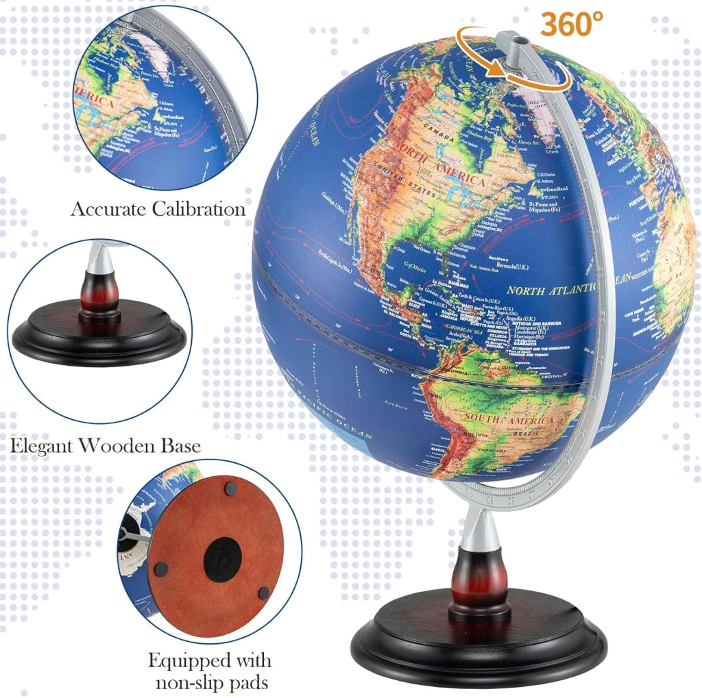 Globo illuminato da 30 cm, globo mondiale con mappa in rilievo, illuminazione a LED, display fuso orario, base in legno antiscivolo, globo geografico per studenti, educazione, decorazione