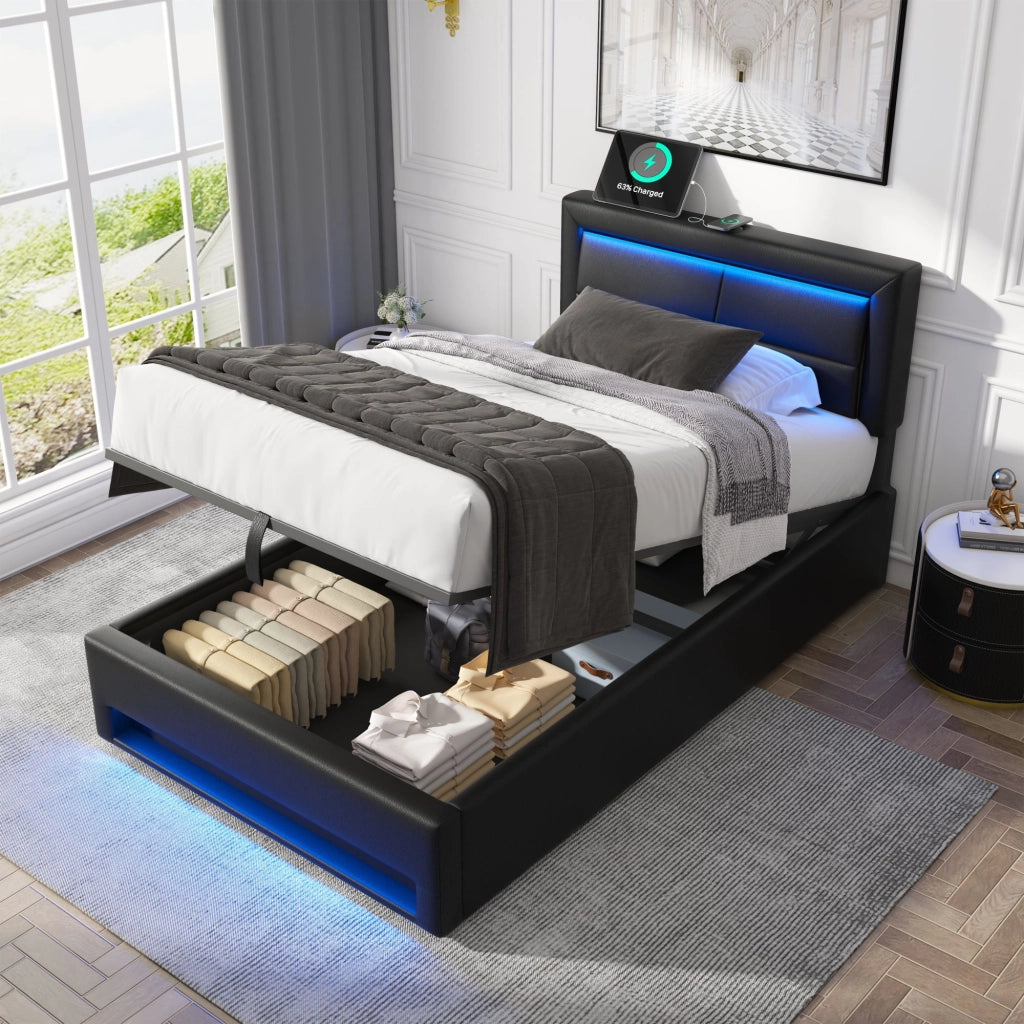 Letto imbottito 90x200 cm con USB, LED e contenitore, senza materasso, nero