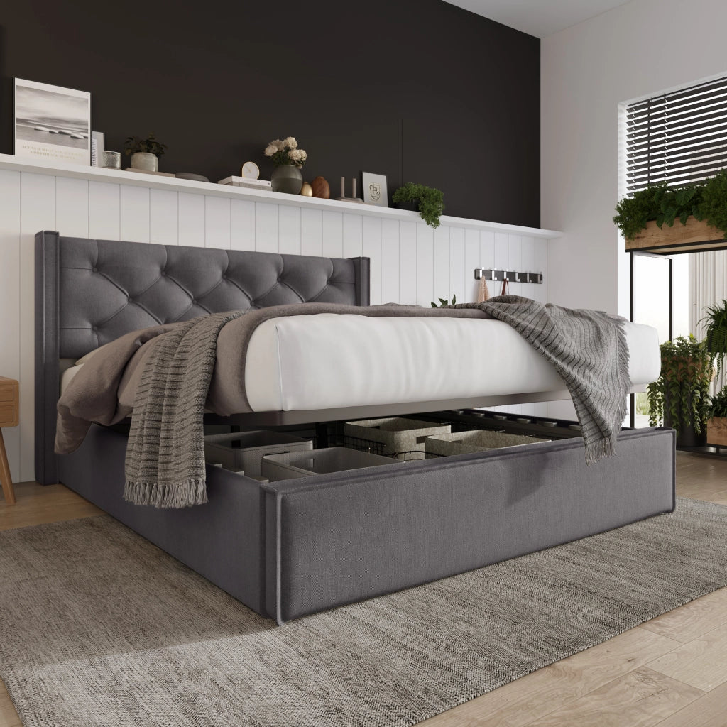 OKWISH Letto Contenitore 140×200 cm, Letto Matrimoniale con Testiera Imbottita e Vano Contenitore, senza Materasso, in Cotone, Grigio