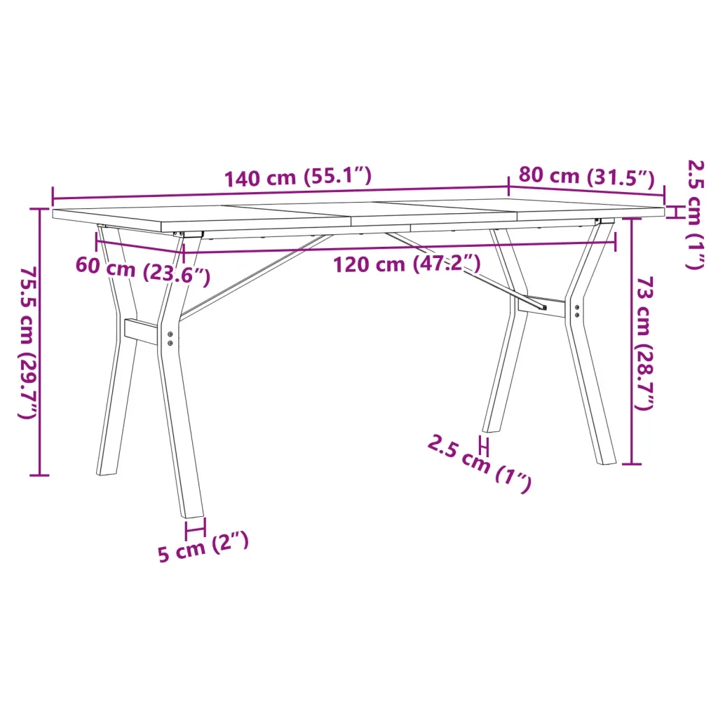 Tavolo da Pranzo Telaio a Y 140x80x75,5 cm Legno Pino e Acciaio