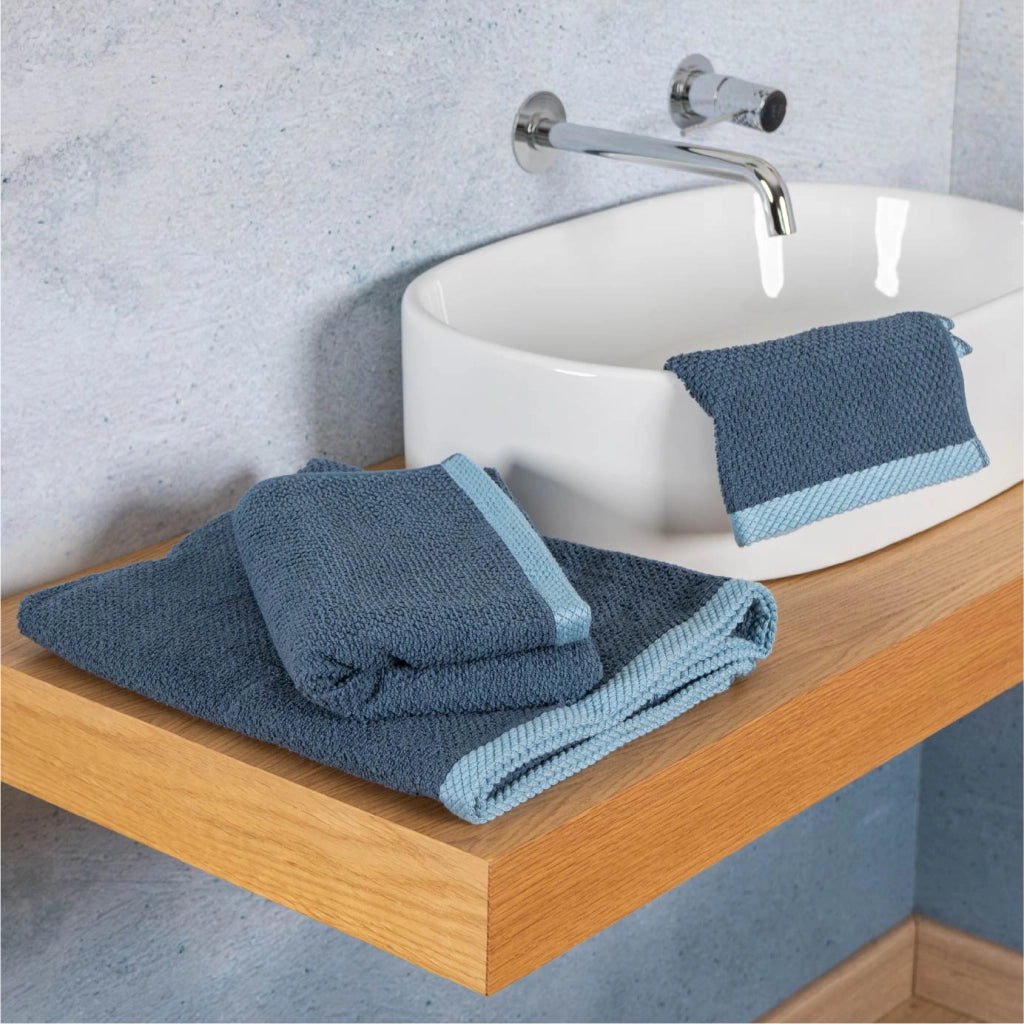 Set Asciugamani Bagno 3 Pezzi in Cotone 100% 430 GSM, Telo Doccia 70x140 cm, Asciugamano Viso 50x100 cm e Ospite 40x50 cm, Effetto Popcorn Morbido e Assorbente CartaZucchero-Azzurro