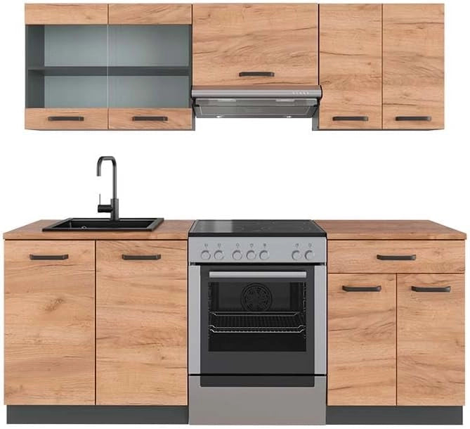 Cucina componibile R-Line, Quercia dorata/antracite, 200 cm, PL Antracite, adatto per l'espansione individuale con moduli aggiuntivi