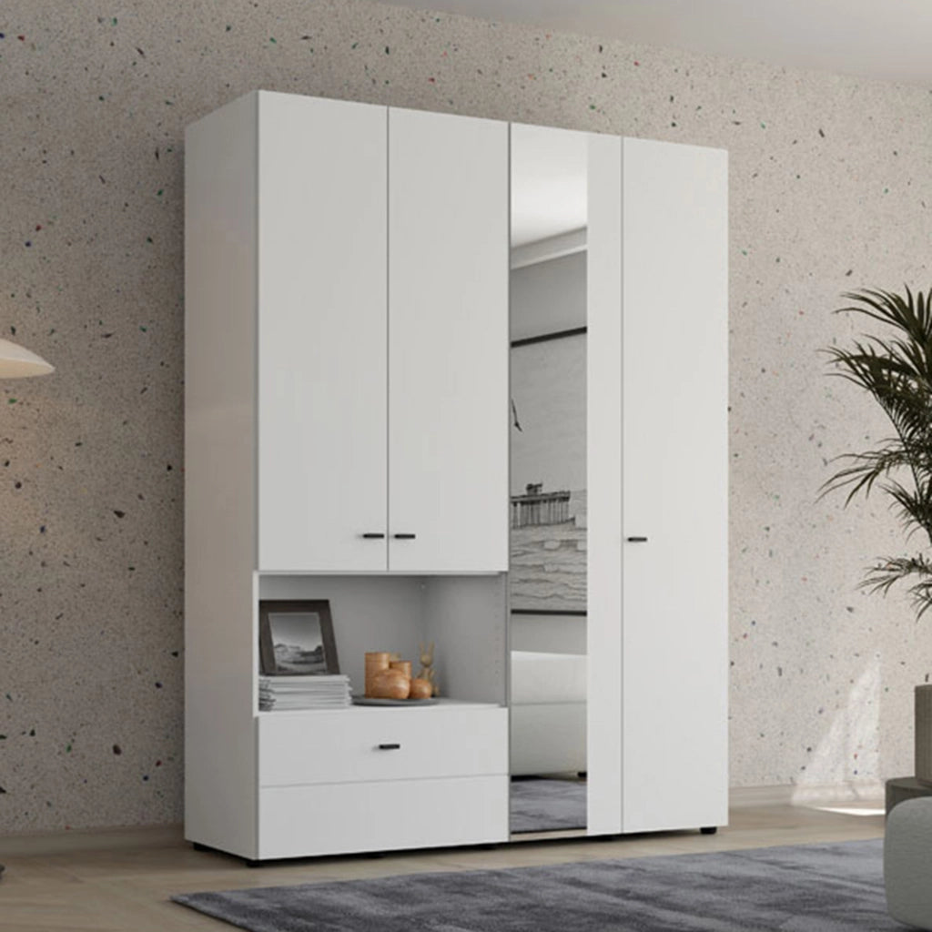Armadio Camera da Letto Omete, Guardaroba Grande 4 Ripiani, 155x208h cm Bianco Opaco
