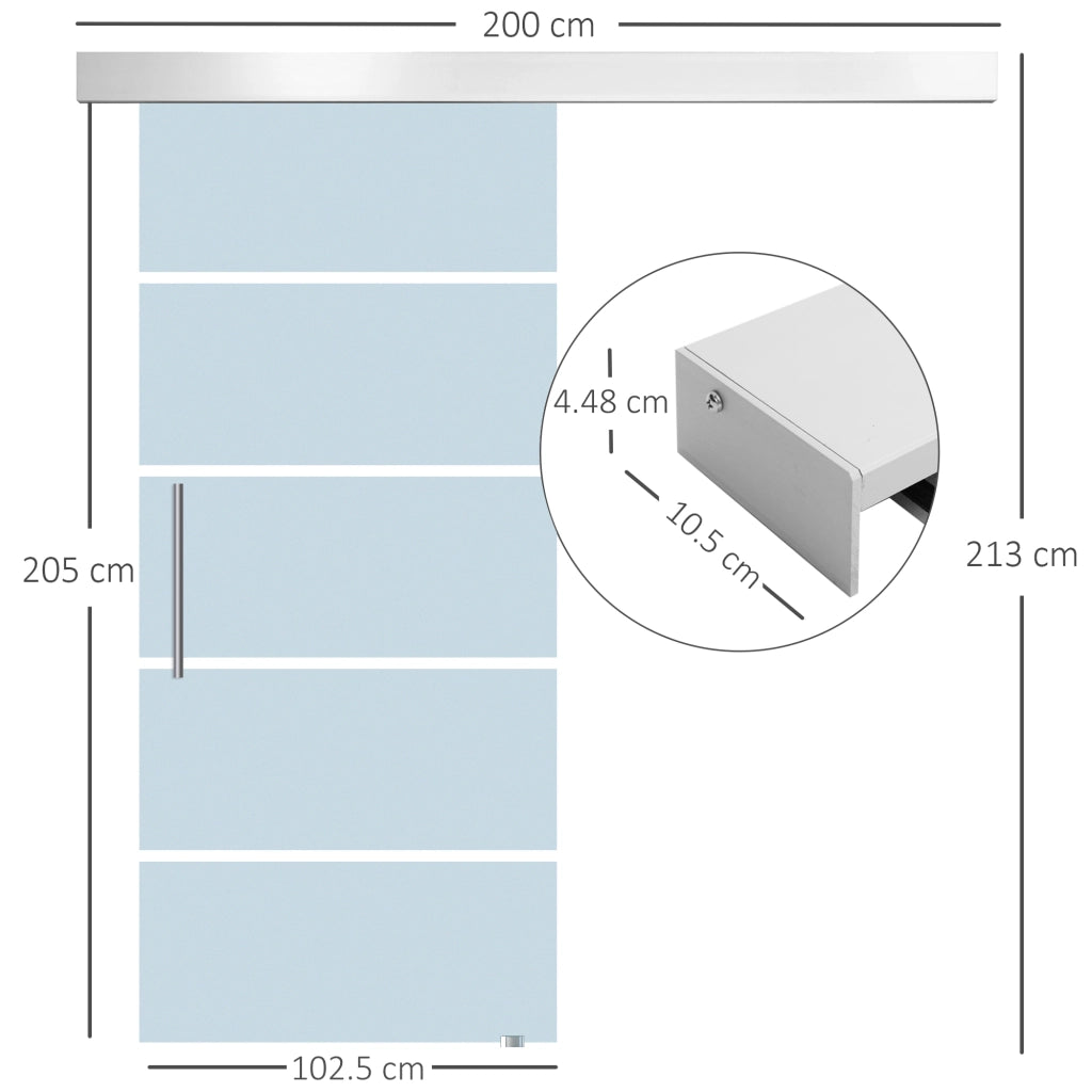 Porta Scorrevole Interna in Vetro Smerigliato e Satinato con Binario B2 e Maniglia per Bagno Cucina Studio Vetro 205x 102.5x 0,8cm