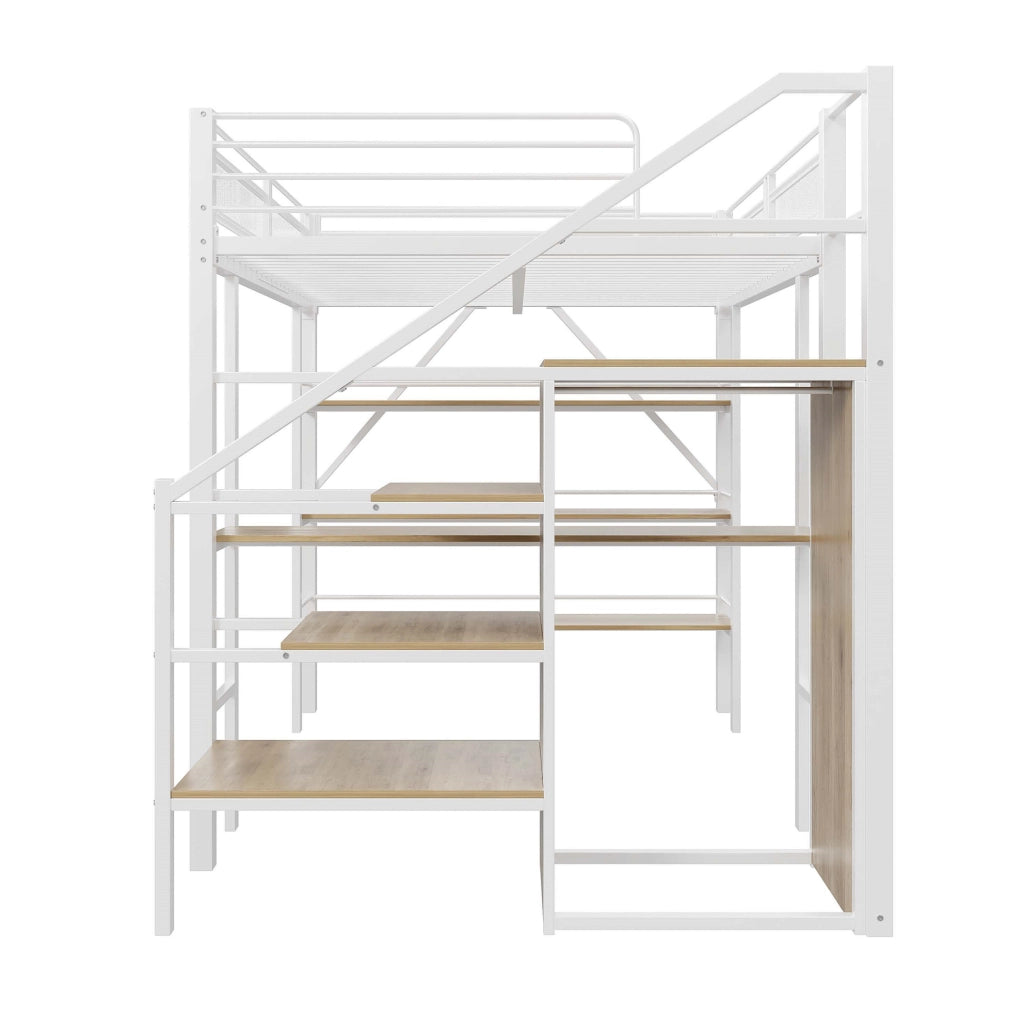 Letto a soppalco 140x200 cm in metallo con scrivania; scaffale a tre livelli e armadio; bianco