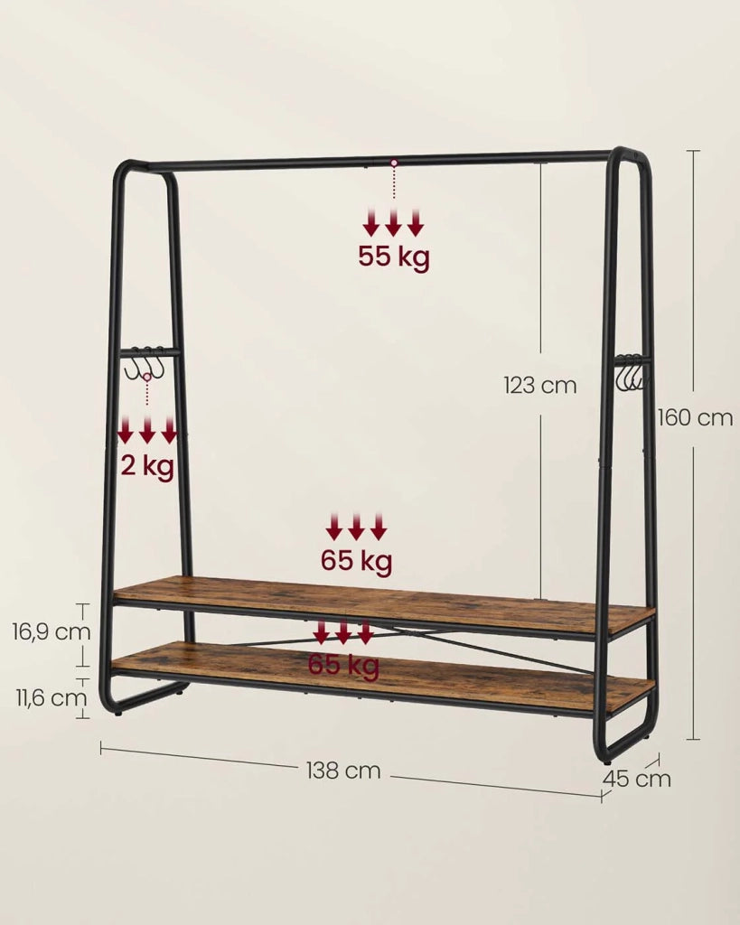 Appendiabiti industriale robusto appendiabiti con 2 ripiani 6 ganci a S struttura in acciaio per camera da letto stile industriale marrone rustico e nero 12_0006996