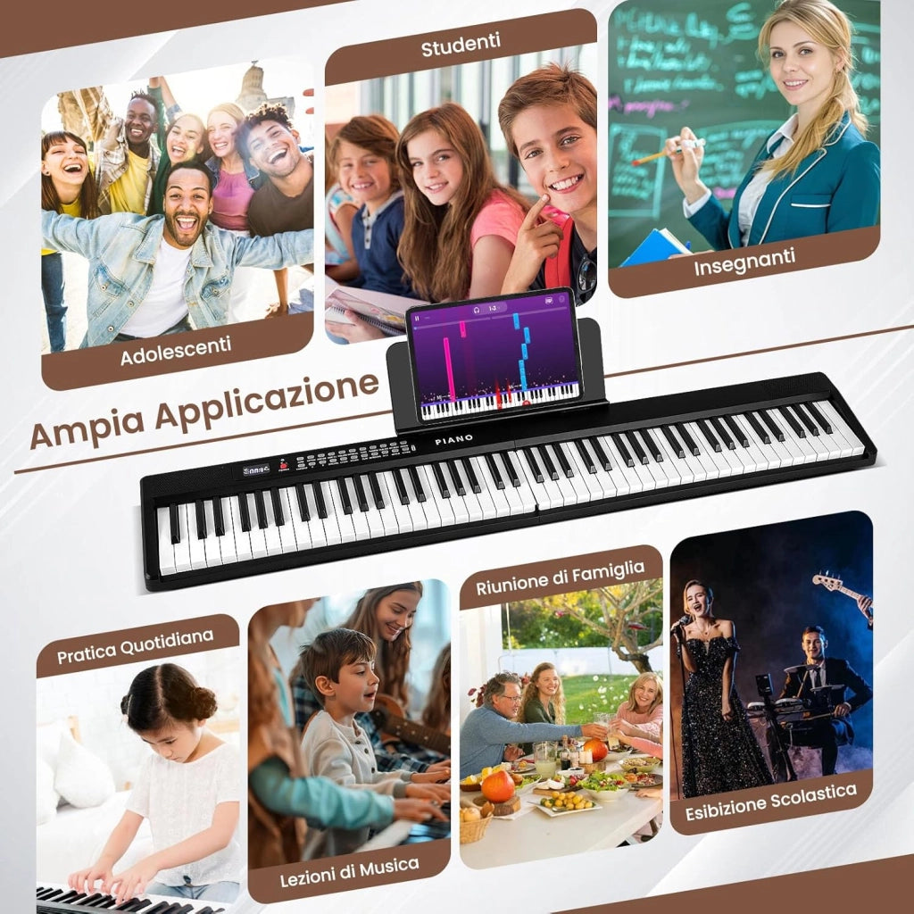 Pianoforte Elettronico Pieghevole a 88 Tasti, Piano Digitale con MIDI, 1000 Ritmi, 1000 Timbri, 150 Canzoni Demo, Registrazione, Batteria e Borsa da Trasporto per Bambini (Nero)