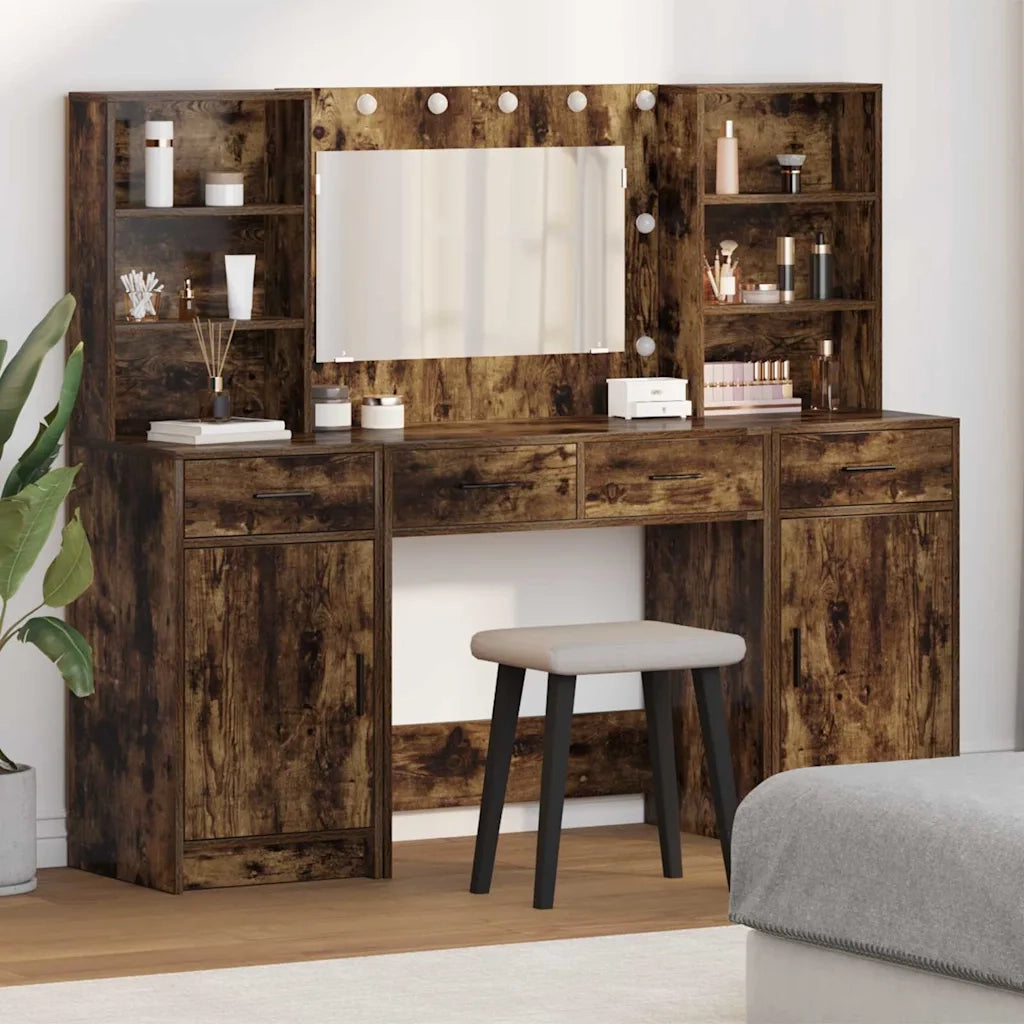Set da Toeletta | Tavolo da Trucco con LED con cassetto 3 pz Rovere fum¨¦