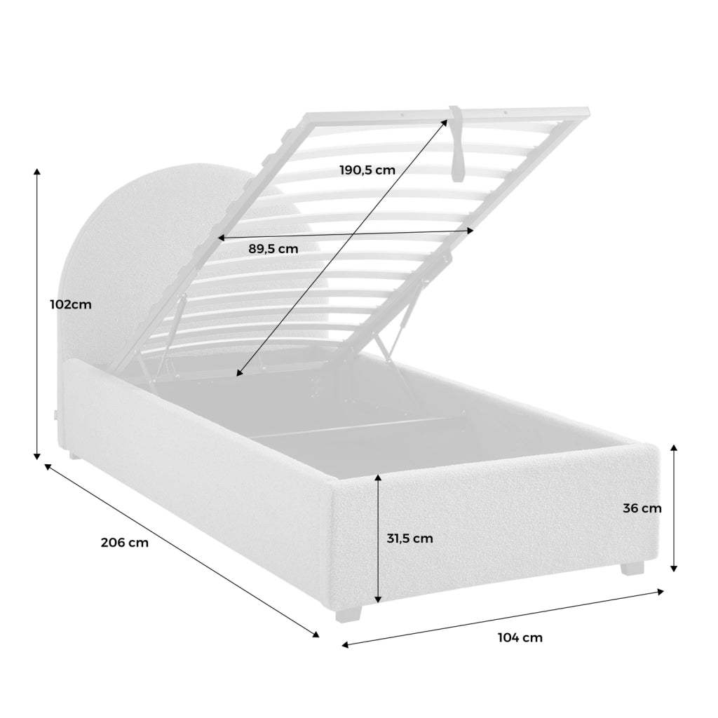 Struttura letto con contenitore e testiera 90x190cm, imbottita bouclé,