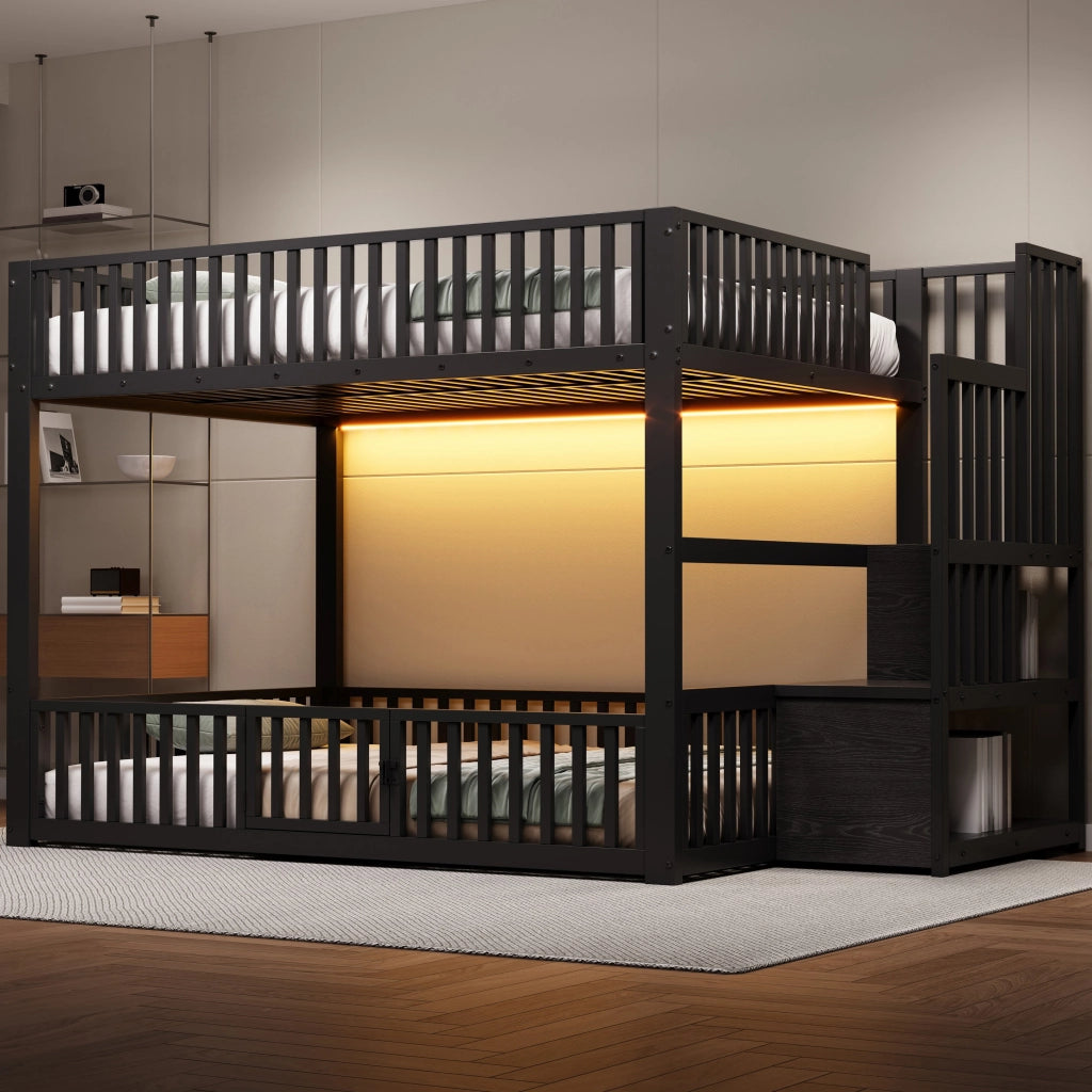 DESMIU Letto a castello 140 × 200 cm 2 posti con LED, scala contenitore, senza materasso, nero