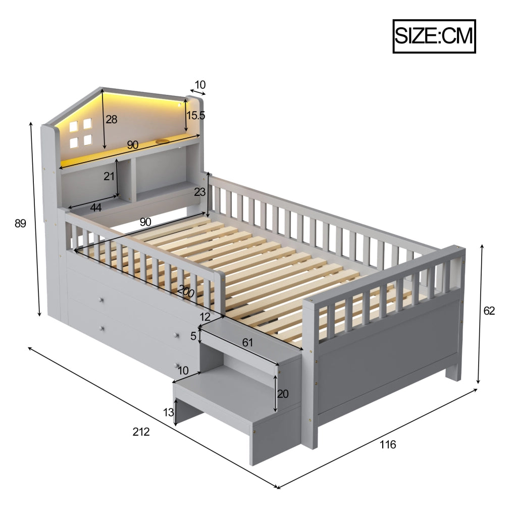 Letto per bambini 90x200 cm con 4 cassetti; LED; USB e Type-C; in legno massello; grigio