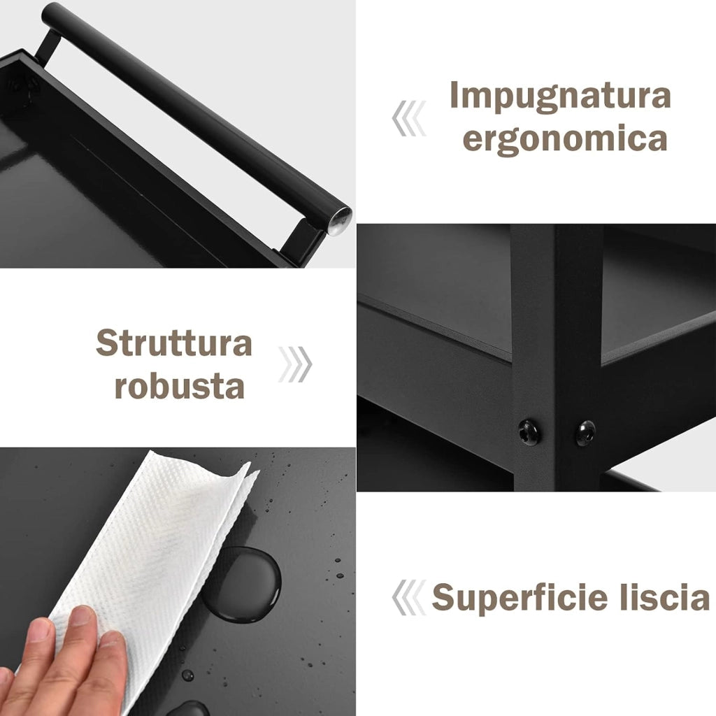 Carrello da Cucina con 3 Livelli, Carrellino Multifunzionale con Ruote Flessibili, Carrello di Servizio Resistente con Maniglia Comoda, Ideale per Ufficio Garage Magazzino Biblioteca (Nero)