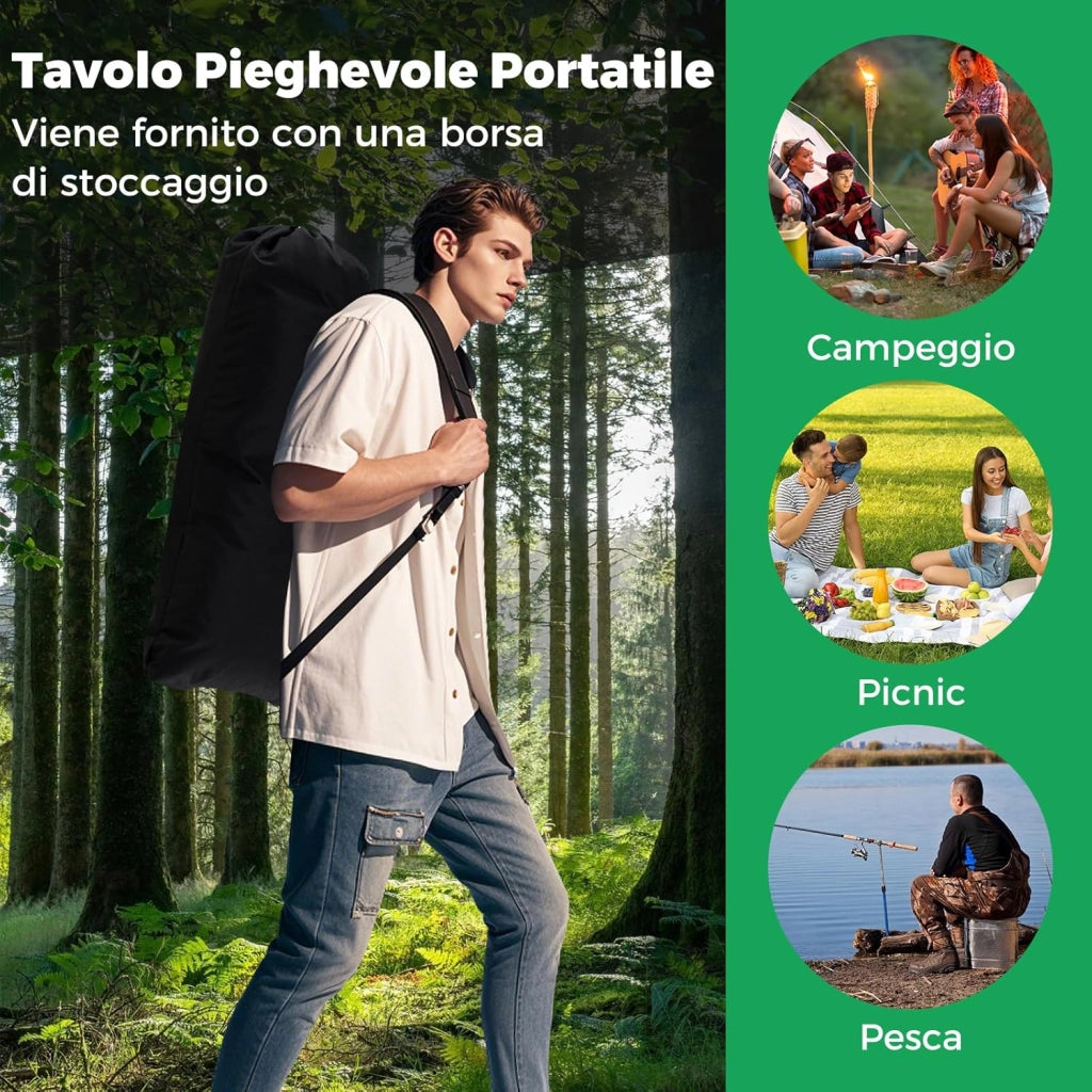 Tavolo da Campeggio Pieghevole in Alluminio, Portatile con Cestello in Rete e Borsa, Portata 100kg per Giardino Spiaggia Pesca (Argenteo)