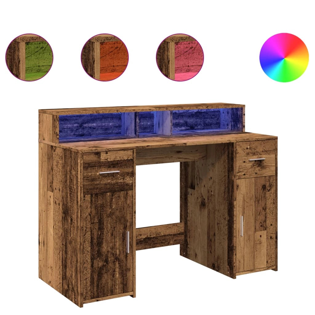 Scrivania tavolo postazione di lavoro mobile per computer studio con luci a LED legno vecchio legno ingegnerizzato marrone 02_0023436