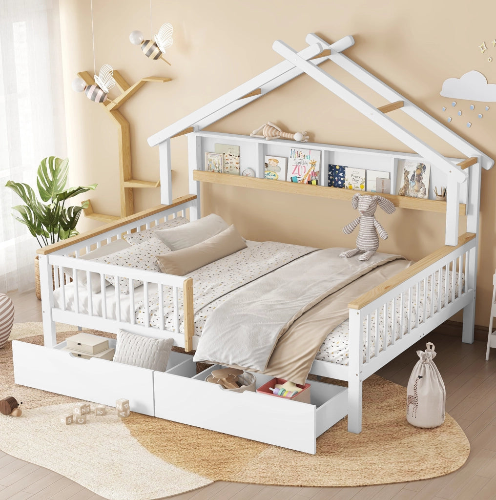 Letto per bambini 140x200 cm con sponde; cassetti e tetto in legno e MDF; bianco e naturale