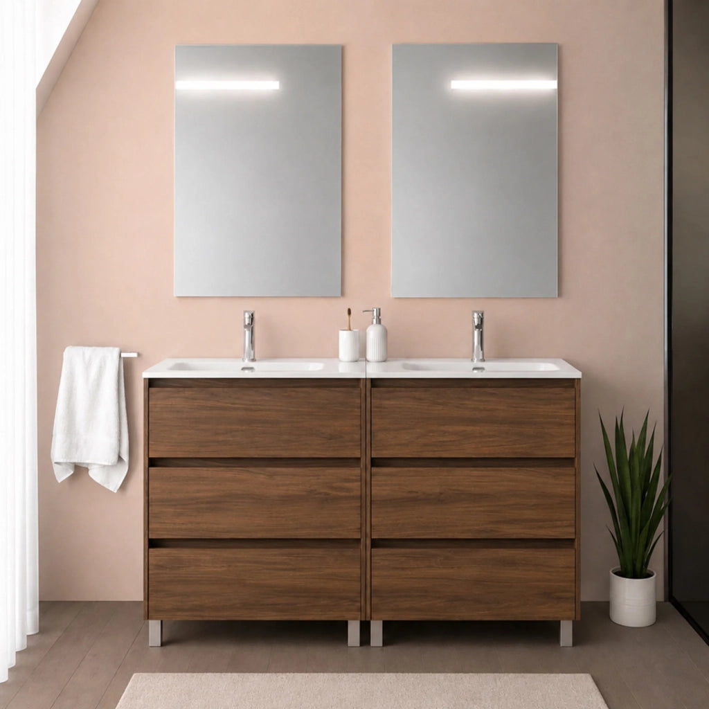 Mobile bagno a terra 120 cm noce maya sei cassetti e doppia vasca Gaya