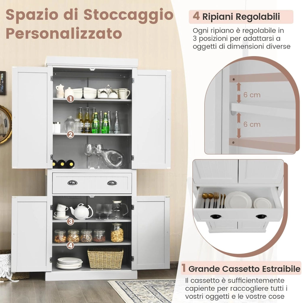 Credenza Alta per Cucina, Mobile da Cucina Moderno con 2 Ante e Cassetto, con Ripiani Regolabili, er Cucina, Sala da Pranzo e Soggiorno, 76 x 40 x 183 cm (Bianco)