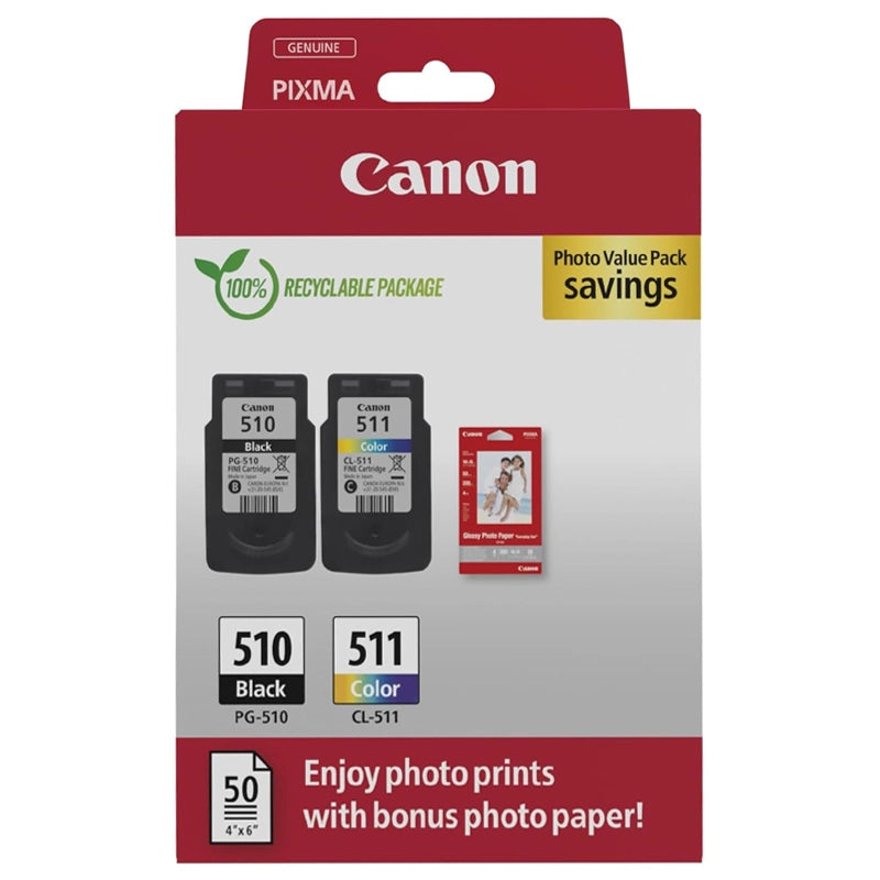 CARTUCCIA ORIGINALE CANON PG-510 + CL-511 + 50 FOGLI CARTA FOTOGRAFICA 2970B017