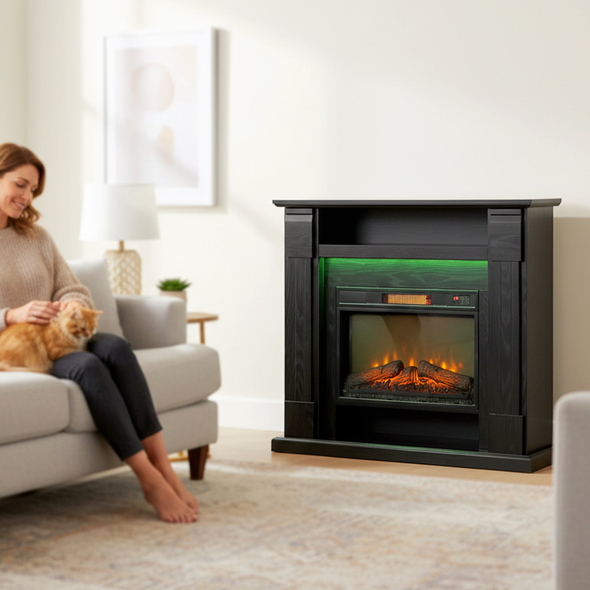 Camino Elettrico da Pavimento 105x27x97 cm 1800W Regolabile con Fiamma 3D Timer e Telecomando Nero