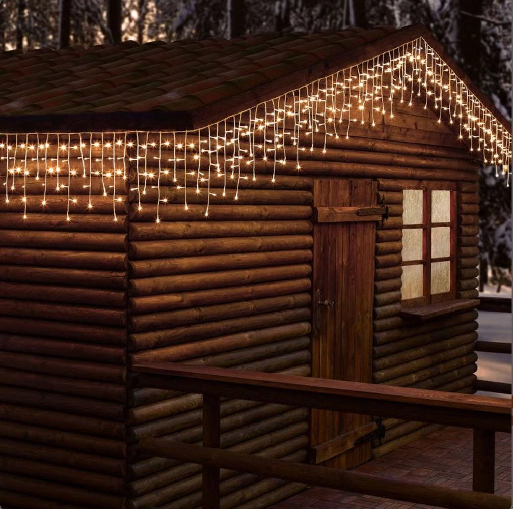 TENDA LUMINOSA LED STALATTITI IP67 92 MAXI LED PROLUNGABILI LUCI CALDE FISSE E CALDE INTERMITTENTI DECORAZIONI NATALIZIE BALCONI FACCIATE