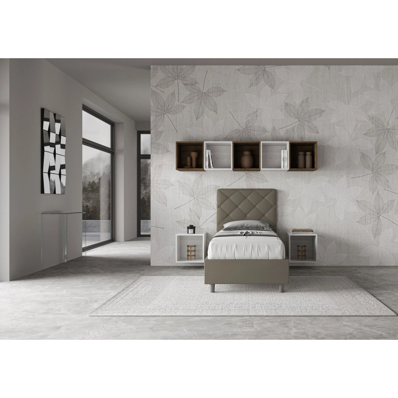 Letto imbottito Singolo 80x200 cm Priya - Similpelle,Cappuccino,Con rete