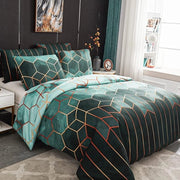Duvetino per letto matrimoniale, 220 x 240 cm, verde, con disegno geometrico, in microfibra, con cerniera a zip e 2 copriorto di 80 x