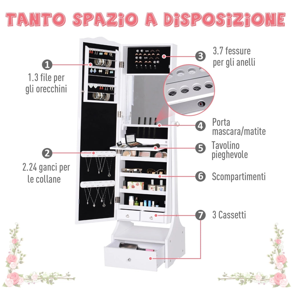 EasyComfort LED Portagioie Armadio per Gioielli con Specchio con Base a Cassettiera cassetto Organizzatore Gioielli e Accessori 45x36x150 cm