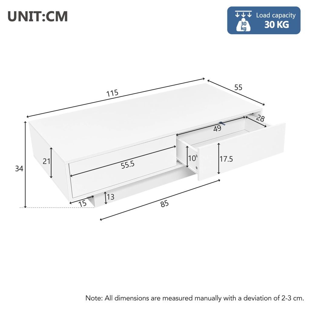 Tavolino da caffè rettangolare con 2 cassetti e LED, stile moderno, in truciolare, bianco, 115 × 55 × 34 cm