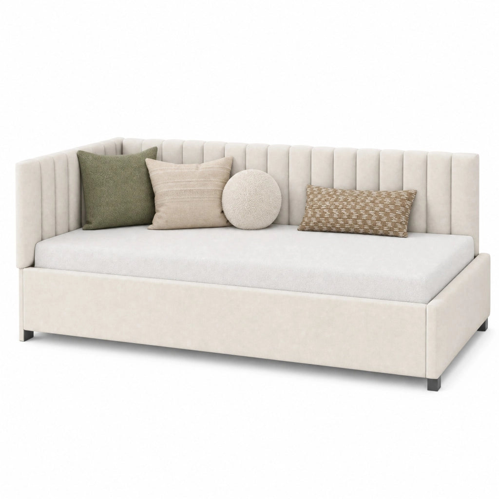 Letto imbottito 90x200 cm con rete a doghe; in velluto beige