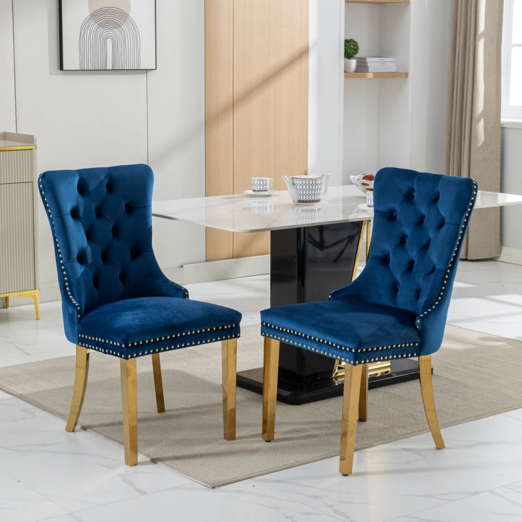 Sedie da Pranzo Imbottite in Velluto ¨C MINIMAL ¨C Set 2, Legno Massello, Gambe Oro, Blu