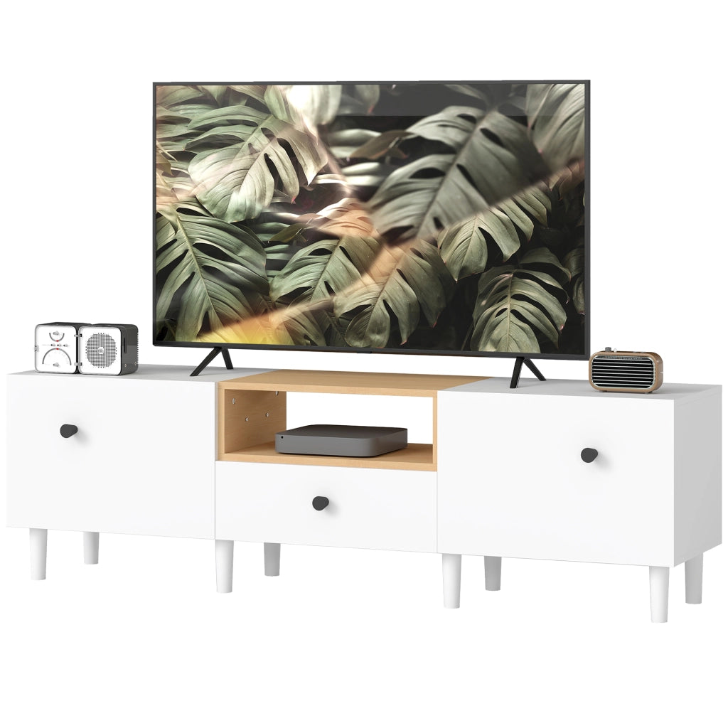 Mobile TV 70" max con 2 Ante a Ribalta, Cassetto e Scaffale Aperto, in Legno, 150x35x45 cm, Bianco e color Legno