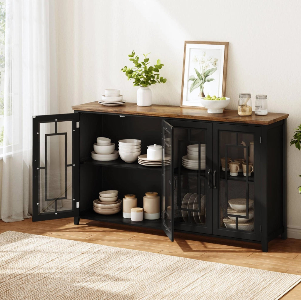 Credenza da cucina 160 cm con ante in vetro; piano effetto legno; nero