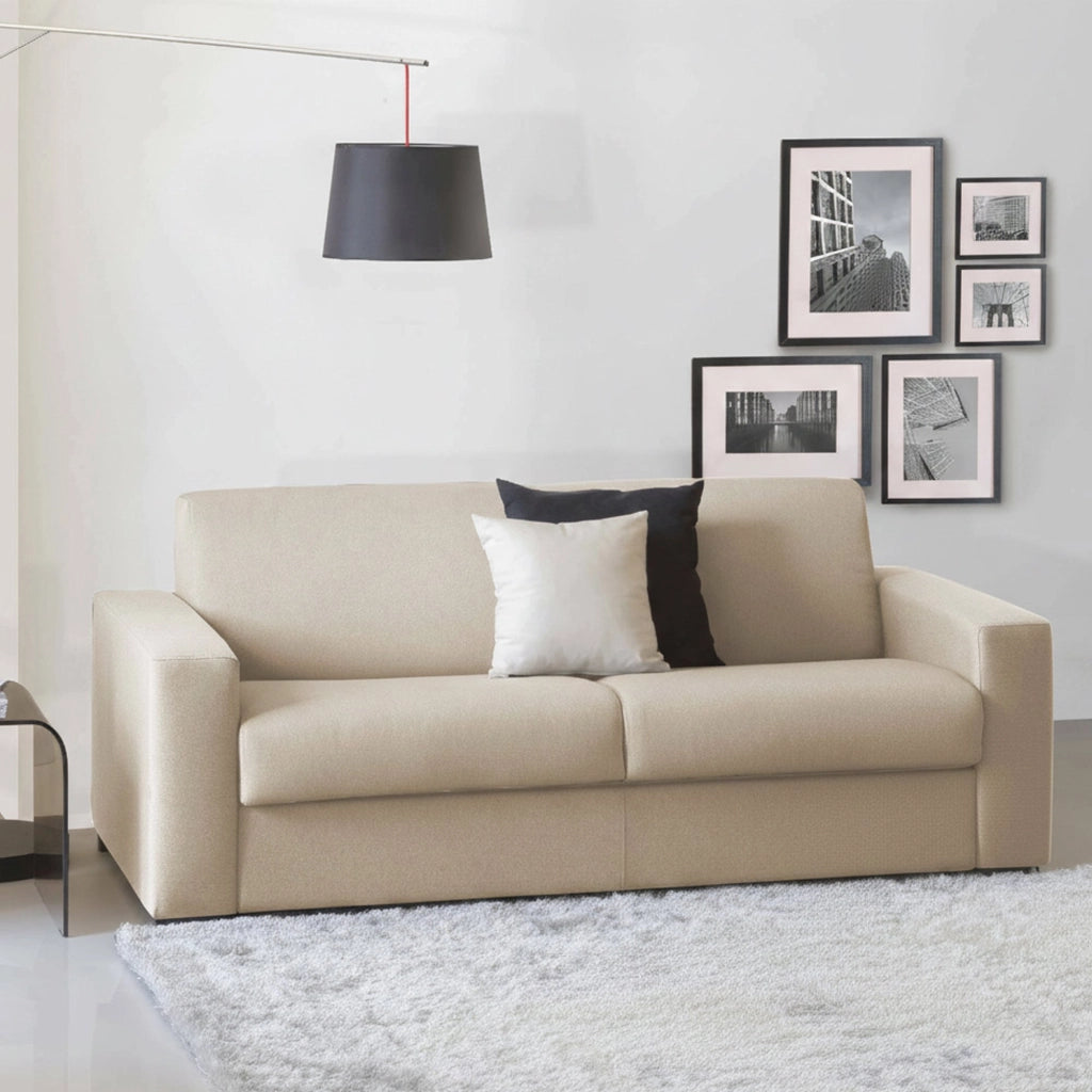 Divano Letto Estia, Divano a 3 posti, Made in Italy, SofÒ  Soggiorno con apertura girevole, in tessuto imbottito, con Braccioli standard, cm 220x95h90, Beige