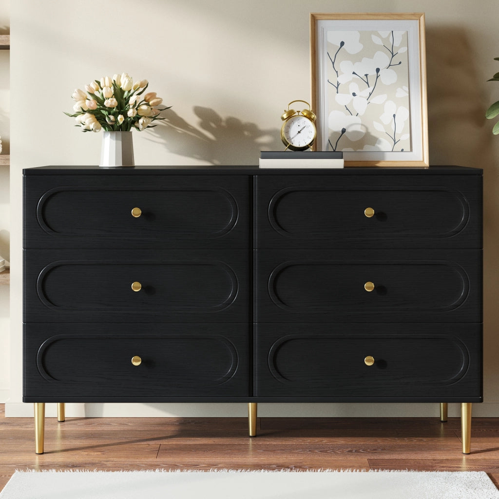 Credenza con 6 cassetti e piedi in metallo per soggiorno e ingresso, design con incisioni ovali, nero, 120 × 40 × 75 cm