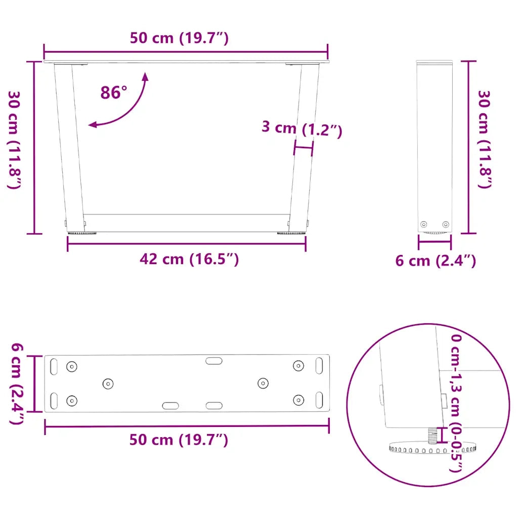Gambe per Tavolino da Caffè a Forma di V 2 pz Acciaio Naturale 50x(30-31,3) cm Acciaio 4012611